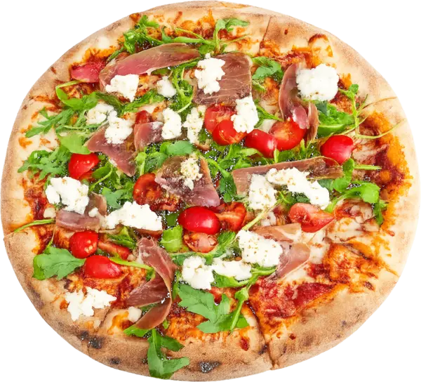 Pizza con base keto di Pizzzland, condita con crudo, pomodorini, rucola e formaggio fresco